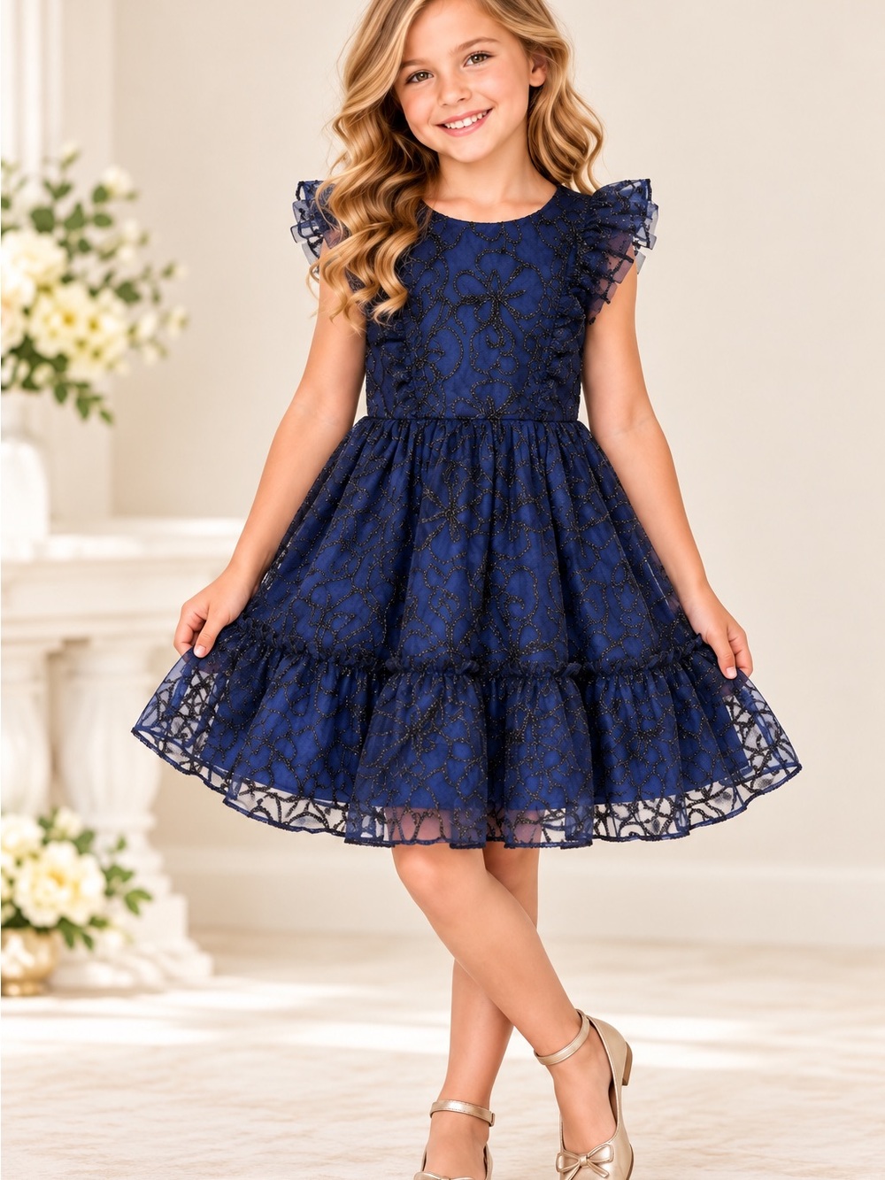 Kenzie Girl size 8 Navy Floral Glitter Ruffle Party Dress